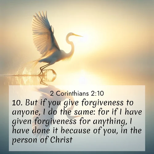 BBE 2 Corinthians 2:10 overlaying nature image scene: A great egret lifts from mirror-still water. Sunrise sets its wings ablaze.;10. But if you give forgiveness to anyone, I do the same: for if I have given forgiveness for anything, I have done it because of you, in the person of Christ;
