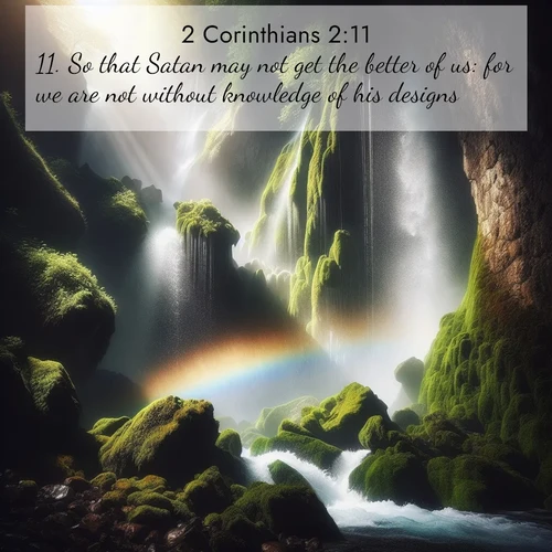 BBE 2 Corinthians 2:11 overlaying nature image scene: A waterfall thunders through ancient moss-covered rocks while rainbow mist rises where water meets stone.;11. So that Satan may not get the better of us: for we are not without knowledge of his designs.