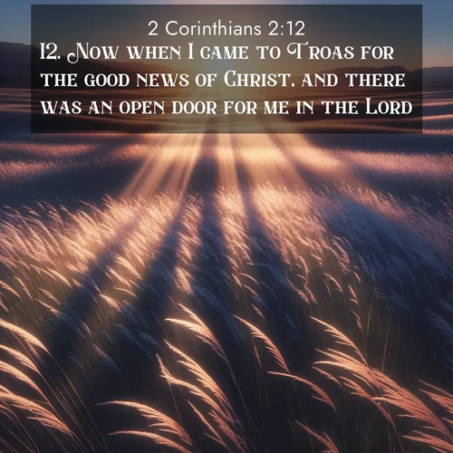 BBE 2 Corinthians 2:12 overlaying nature image scene: Summer breeze ripples through fields of prairie grass.;12. Now when I came to Troas for the good news of Christ, and there was an open door for me in the Lord,