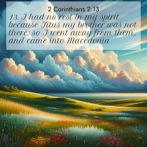 BBE 2 Corinthians 2:13 overlaying nature image scene: Summer thunderheads build over grasslands dotted with wildflowers.;13. I had no rest in my spirit because Titus my brother was not there: so I went away from them, and came into Macedonia.