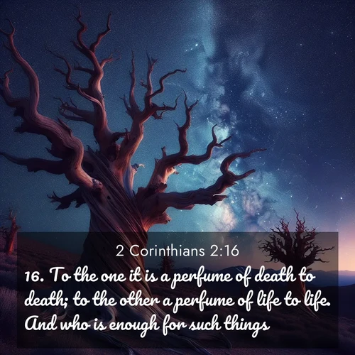 BBE 2 Corinthians 2:16 overlaying nature image scene: Ancient bristlecone pines twist toward stars. Time stands still in their presence.;16. To the one it is a perfume of death to death; to the other a perfume of life to life. And who is enough for such things?