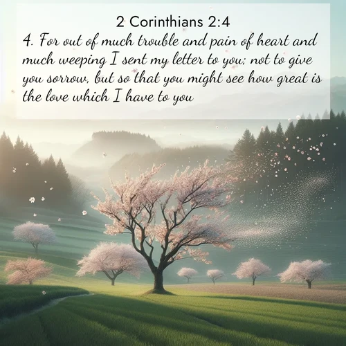 BBE 2 Corinthians 2:4 overlaying nature image scene: Spring winds scatter cherry blossoms like snow.;4. For out of much trouble and pain of heart and much weeping I sent my letter to you; not to give you sorrow, but so that you might see how great is the love which I have to you.