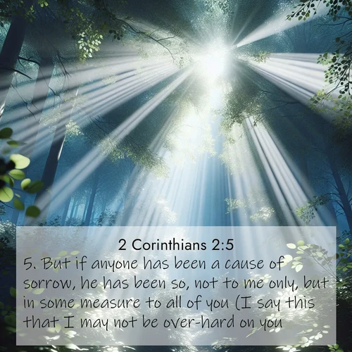BBE 2 Corinthians 2:5 overlaying nature image scene: Summer light filters through forest canopy like stained glass.;5. But if anyone has been a cause of sorrow, he has been so, not to me only, but in some measure to all of you (I say this that I may not be over-hard on you).
