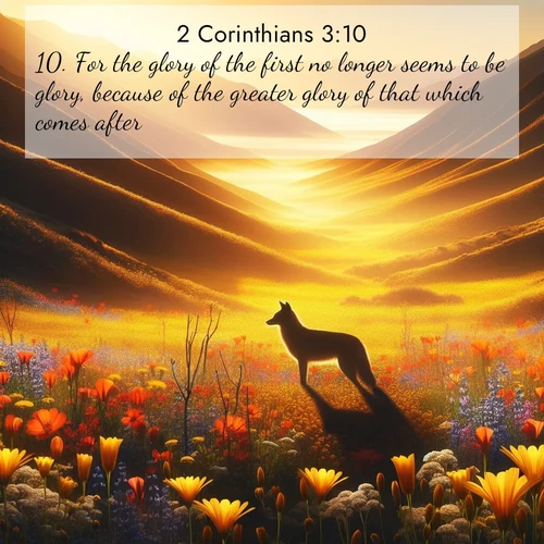 BasicEnglish 2 Corinthians  ; image nature: image with the bible verse :For the glory of the first no longer seems to be glory, because of the greater glory of that which comes after. ; Admire our gallery of Bible verse images paired with serene nature photography, featuring starlit skies, golden sands, and blooming wildflowers. Download and share verses like KJV 2 Corinthians 3:10. Current verse is overlayed with the thematic nature scene : Spring wildflowers carpet Death Valley in gold. A coyote&#039;s silhouette melts into the blooms. ; 3:10