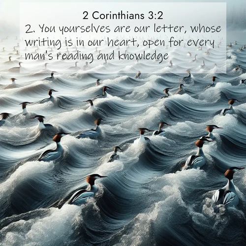 BasicEnglish 2 Corinthians  ; image nature: image with the bible verse :You yourselves are our letter, whose writing is in our heart, open for every man&#039;s reading and knowledge; ; Admire Bible images representing autumn, with swirling leaves, misty skies, and vibrant trees. These images inspire profound spiritual reflection. Download and share verses like KJV 2 Corinthians 3:2. Current verse is overlayed with the thematic nature scene : Wild mergansers ride river rapids. Their wakes create endless patterns. ; 3:2