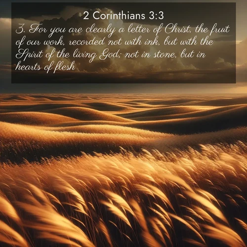 BasicEnglish 2 Corinthians  ; image nature: image with the bible verse :For you are clearly a letter of Christ, the fruit of our work, recorded not with ink, but with the Spirit of the living God; not in stone, but in hearts of flesh. ; Admire our autumnal collection of Bible verse images accompanied by photos of paths lined with red and yellow leaves, fiery forests, and calm rivers. These images inspire reflection and serenity. Share verses like KJV 2 Corinthians 3:3. Current verse is overlayed with the thematic nature scene : Prairie grass waves like a golden ocean. Storm clouds build towers on the horizon. ; 3:3