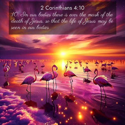 BasicEnglish 2 Corinthians  ; image nature: image with the bible verse :In our bodies there is ever the mark of the death of Jesus, so that the life of Jesus may be seen in our bodies. ; Explore an exceptional collection of Bible verse images accompanied by photos of nature, showcasing snowy mountains, serene forests, and still lakes. These images feature luminous tones and varied fonts to bring serenity and inspiration. Share uplifting verses like KJV 2 Corinthians 4:10. Current verse is overlayed with the thematic nature scene : Wild flamingos wade through salt lake shallows. Sunset turns the water to liquid gold. ; 4:10