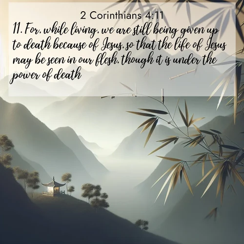 BasicEnglish 2 Corinthians  ; image nature: image with the bible verse :For, while living, we are still being given up to death because of Jesus, so that the life of Jesus may be seen in our flesh, though it is under the power of death. ; Admire Bible images evoking autumn, with warm colors of fallen leaves, harvested fields, and tranquil woods. These inspiring landscapes reflect the transition and beauty of God&#039;s creation. Download verses like KJV 2 Corinthians 4:11. Current verse is overlayed with the thematic nature scene : Bamboo leaves whisper secrets in mountain wind. A temple bell rings in the distance. ; 4:11