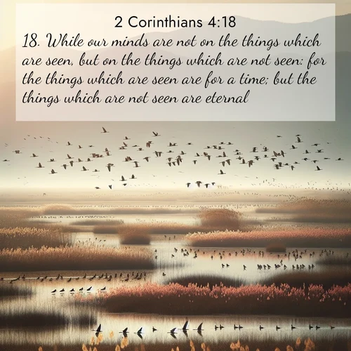 BasicEnglish 2 Corinthians  ; image nature: image with the bible verse :While our minds are not on the things which are seen, but on the things which are not seen: for the things which are seen are for a time; but the things which are not seen are eternal. ; Explore beautiful Bible verse images paired with serene natural settings, such as calm seas, snowy paths, and verdant hills. Each image is free to download for your spiritual inspiration. Share KJV 2 Corinthians 4:18. Current verse is overlayed with the thematic nature scene : Spring migration fills marshlands with calling birds. ; 4:18