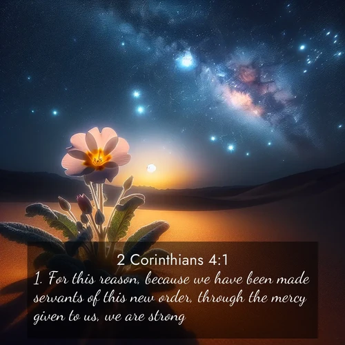 BasicEnglish 2 Corinthians  ; image nature: image with the bible verse :For this reason, because we have been made servants of this new order, through the mercy given to us, we are strong: ; Admire our free collection of Bible verse images with beautiful landscapes like sunlit forests, rippling waters, and radiant dawns. Each verse, such as KJV 2 Corinthians 4:1, is ready to download and share. Current verse is overlayed with the thematic nature scene : Desert primrose opens to stars. Night wind carries sweet perfume. ; 4:1