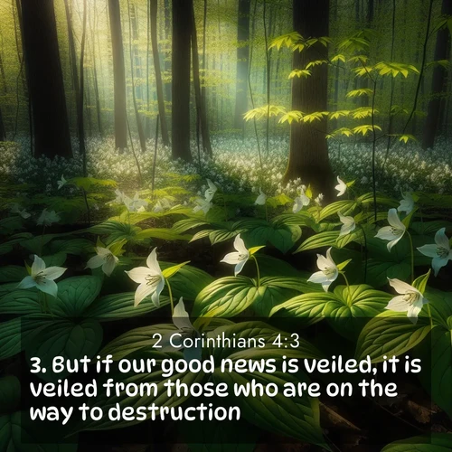 BasicEnglish 2 Corinthians  ; image nature: image with the bible verse :But if our good news is veiled, it is veiled from those who are on the way to destruction: ; Explore Bible verse images beautifully illustrated with spring scenes, such as blooming meadows, trees in full bloom, and tranquil streams. These landscapes convey divine hope and vitality. Download and share verses like KJV 2 Corinthians 4:3. Current verse is overlayed with the thematic nature scene : Wild trillium carpets the forest floor. Sunlight filters green through new spring leaves. ; 4:3