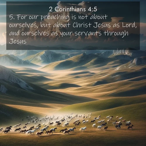 BasicEnglish 2 Corinthians  ; image nature: image with the bible verse :For our preaching is not about ourselves, but about Christ Jesus as Lord, and ourselves as your servants through Jesus. ; Explore a gallery of beautiful Bible verse images with tranquil natural settings—perfect for phone backgrounds or inspirational posts. Download your favorite verses like KJV 2 Corinthians 4:5 today. Current verse is overlayed with the thematic nature scene : Wild horses gallop across a high mountain plateau. Storm clouds gather ominously on the horizon. ; 4:5
