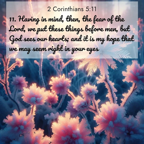 BasicEnglish 2 Corinthians  ; image nature: image with the bible verse :Having in mind, then, the fear of the Lord, we put these things before men, but God sees our hearts; and it is my hope that we may seem right in your eyes. ; Explore a winter collection of Bible verse images adorned with photos of icy landscapes, frozen waterfalls, and snow-covered forests. These scenes capture divine tranquility and purity. Download inspiring verses like KJV 2 Corinthians 5:11. Current verse is overlayed with the thematic nature scene : Morning light reveals frost flowers. Rainbow crystals bloom on bare branches. ; 5:11