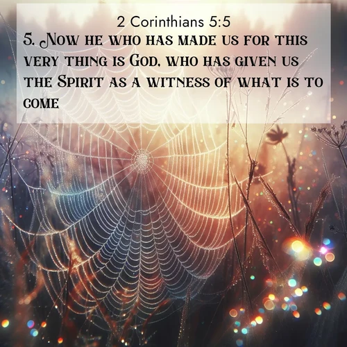 BasicEnglish 2 Corinthians  ; image nature: image with the bible verse :Now he who has made us for this very thing is God, who has given us the Spirit as a witness of what is to come. ; Download Bible verse images paired with breathtaking nature photos like golden deserts, shimmering seas, and blossoming orchards. These high-quality, free images are perfect for wallpapers or sharing. Verses include KJV 2 Corinthians 5:5. Current verse is overlayed with the thematic nature scene : Morning fog reveals spider web galaxies. Dew drops catch rainbow light. ; 5:5