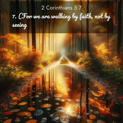 BasicEnglish 2 Corinthians  ; image nature: image with the bible verse :(For we are walking by faith, not by seeing,) ; Admire Bible verse images illustrated by summer photos, such as sunny beaches, sparkling waves, and swaying palm trees. These bright scenes highlight the joy and warmth of God&#039;s creation. Download and share verses like KJV 2 Corinthians 5:7. Current verse is overlayed with the thematic nature scene : Autumn colors reflect in rain puddles on a forest path. ; 5:7