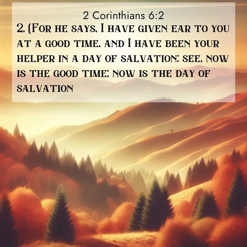 BasicEnglish 2 Corinthians  ; image nature: image with the bible verse :(For he says, I have given ear to you at a good time, and I have been your helper in a day of salvation: see, now is the good time; now is the day of salvation): ; Explore a winter collection of Bible verse images adorned with photos of icy landscapes, frozen waterfalls, and snow-covered forests. These scenes capture divine tranquility and purity. Download inspiring verses like KJV 2 Corinthians 6:2. Current verse is overlayed with the thematic nature scene : Autumn colors paint hillsides in warm earth tones. ; 6:2