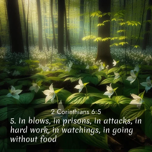 BasicEnglish 2 Corinthians  ; image nature: image with the bible verse :In blows, in prisons, in attacks, in hard work, in watchings, in going without food; ; Download inspiring Bible verse images featuring stunning natural vistas, from tropical islands to rolling hills. These free images make perfect wallpapers or gifts. Share verses like KJV 2 Corinthians 6:5. Current verse is overlayed with the thematic nature scene : Wild trillium carpets the forest floor. Sunlight filters green through new spring leaves. ; 6:5