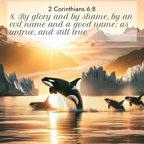 BasicEnglish 2 Corinthians  ; image nature: image with the bible verse :By glory and by shame, by an evil name and a good name; as untrue, and still true; ; Browse our collection of Bible verses paired with captivating photos of God’s creation, like crystal-clear lakes, majestic cliffs, and colorful skies. All images are free for download and sharing. Verse examples include KJV 2 Corinthians 6:8. Current verse is overlayed with the thematic nature scene : Wild orcas breach in sunset-painted waters. Their splashes echo off glacier walls. ; 6:8