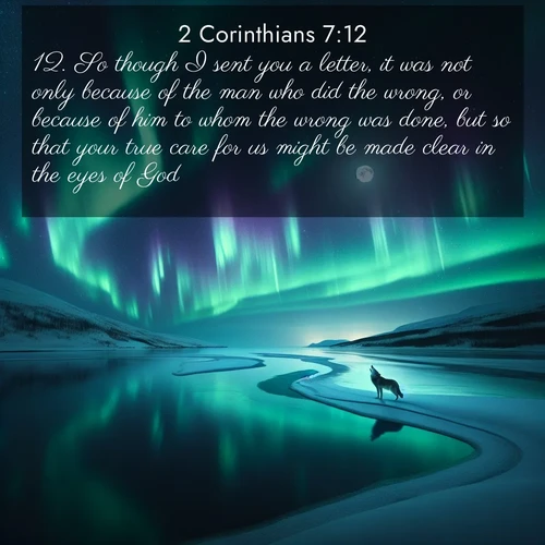BasicEnglish 2 Corinthians  ; image nature: image with the bible verse :So though I sent you a letter, it was not only because of the man who did the wrong, or because of him to whom the wrong was done, but so that your true care for us might be made clear in the eyes of God. ; Browse high-resolution Bible verse images featuring stunning nature photography, such as radiant sunsets, tranquil rivers, and blooming fields. Perfect for wallpapers or sharing on social media. Download KJV 2 Corinthians 7:12. Current verse is overlayed with the thematic nature scene : Northern lights dance across a frozen lake in ribbons of green and purple. A lone wolf howls from the distant shore. ; 7:12