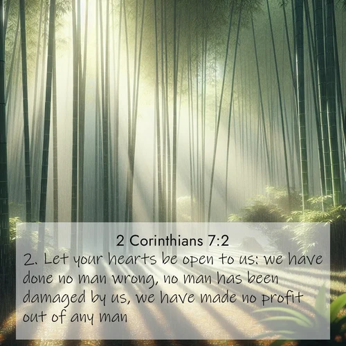BasicEnglish 2 Corinthians  ; image nature: image with the bible verse :Let your hearts be open to us: we have done no man wrong, no man has been damaged by us, we have made no profit out of any man, ; Explore a gallery of beautiful Bible verse images with tranquil natural settings—perfect for phone backgrounds or inspirational posts. Download your favorite verses like KJV 2 Corinthians 7:2 today. Current verse is overlayed with the thematic nature scene : Bamboo forests cast striped shadows while a gentle rain patters on broad leaves. ; 7:2