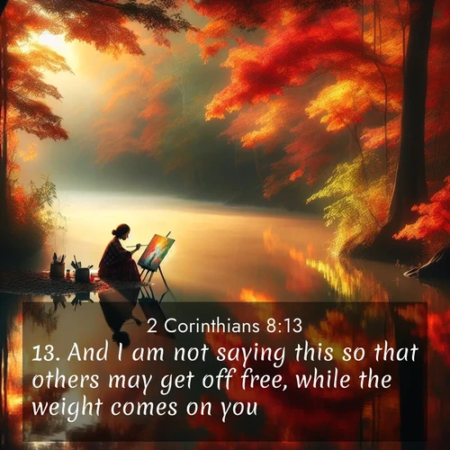 BasicEnglish 2 Corinthians  ; image nature: image with the bible verse :And I am not saying this so that others may get off free, while the weight comes on you: ; Explore Bible verse images highlighting the beauty of spring, with vibrant flowers, butterflies, and blossoming fruit trees. These scenes evoke divine hope and renewal. Download inspiring verses like KJV 2 Corinthians 8:13. Current verse is overlayed with the thematic nature scene : An artist paints beside still waters. Autumn colors double in reflection. ; 8:13