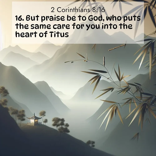 BasicEnglish 2 Corinthians  ; image nature: image with the bible verse :But praise be to God, who puts the same care for you into the heart of Titus. ; Discover Bible images illustrated by desert landscapes, like sand dunes, majestic rocks, and starry skies. These images symbolize the grandeur and immensity of God&#039;s creation. Download verses like KJV 2 Corinthians 8:16. Current verse is overlayed with the thematic nature scene : Bamboo leaves whisper secrets in mountain wind. A temple bell rings in the distance. ; 8:16