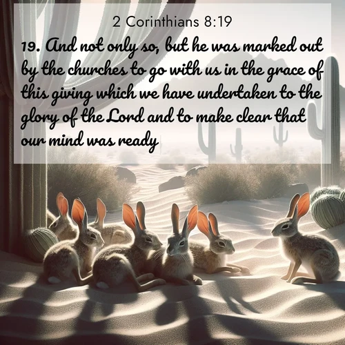 BasicEnglish 2 Corinthians  ; image nature: image with the bible verse :And not only so, but he was marked out by the churches to go with us in the grace of this giving which we have undertaken to the glory of the Lord and to make clear that our mind was ready: ; Admire Bible images evoking autumn, with warm colors of fallen leaves, harvested fields, and tranquil woods. These inspiring landscapes reflect the transition and beauty of God&#039;s creation. Download verses like KJV 2 Corinthians 8:19. Current verse is overlayed with the thematic nature scene : Desert jackrabbits rest in cactus shade. Heat waves distort distant peaks. ; 8:19