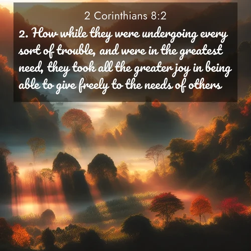 BasicEnglish 2 Corinthians  ; image nature: image with the bible verse :How while they were undergoing every sort of trouble, and were in the greatest need, they took all the greater joy in being able to give freely to the needs of others. ; Browse our collection of Bible verses paired with captivating photos of God’s creation, like crystal-clear lakes, majestic cliffs, and colorful skies. All images are free for download and sharing. Verse examples include KJV 2 Corinthians 8:2. Current verse is overlayed with the thematic nature scene : Autumn mist rises from warming morning valleys. ; 8:2