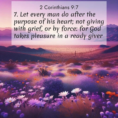 BBE 2 Corinthians 9:7 overlaying nature image scene: Desert wildflowers carpet Death Valley after winter rains. Mountains fade to purple on the horizon.;7. Let every man do after the purpose of his heart; not giving with grief, or by force: for God takes pleasure in a ready giver.