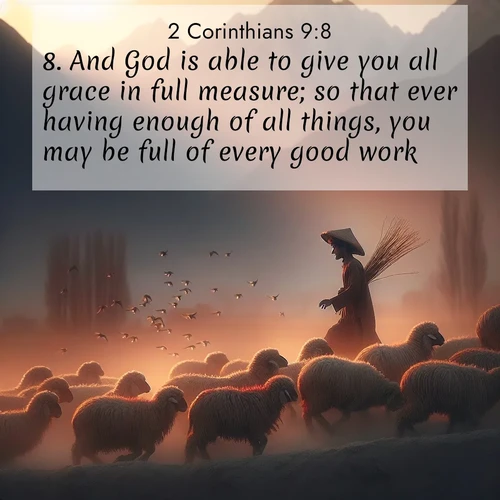 BBE 2 Corinthians 9:8 overlaying nature image scene: A shepherd guides his flock home. Sunset paints wool golden red.;8. And God is able to give you all grace in full measure; so that ever having enough of all things, you may be full of every good work:
