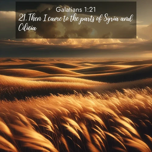 BasicEnglish Galatians  ; image nature: image with the bible verse :Then I came to the parts of Syria and Cilicia. ; Download high-resolution Bible verse images showcasing the beauty of God&#039;s creation—from radiant sunsets to tranquil rivers. Free for use as wallpapers or sharing verses like KJV Galatians 1:21. Current verse is overlayed with the thematic nature scene : Prairie grass waves like a golden ocean. Storm clouds build towers on the horizon. ; 1:21