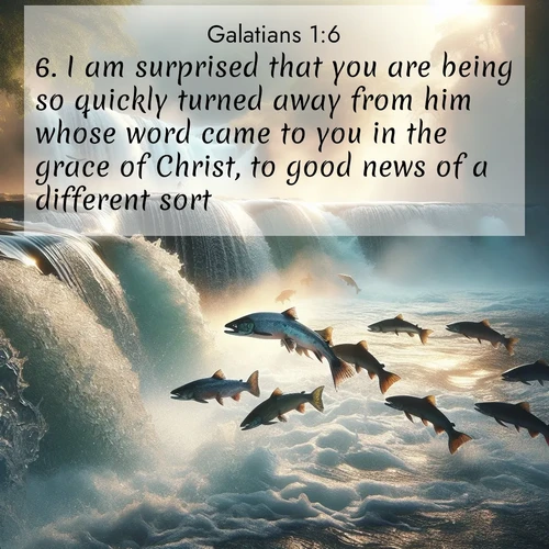 BasicEnglish Galatians  ; image nature: image with the bible verse :I am surprised that you are being so quickly turned away from him whose word came to you in the grace of Christ, to good news of a different sort; ; Dive into our collection of Bible verse images combined with sublime nature photos, such as graceful waterfalls, radiant sunsets, and endless meadows. These compositions highlight the peace and harmony of God&#039;s creation with vivid colors and carefully integrated text. Download and share verses like KJV Galatians 1:6. Current verse is overlayed with the thematic nature scene : Wild salmon leap ancient waterfalls. Mist rises like spirits in morning light. ; 1:6