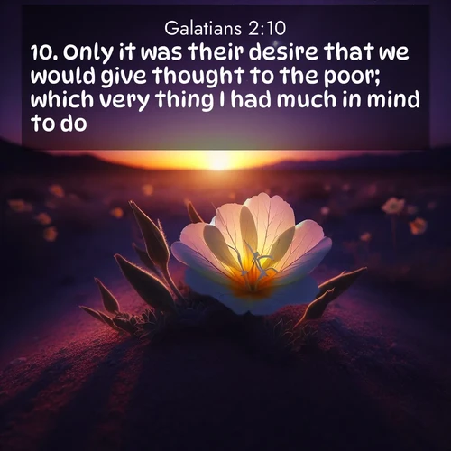BasicEnglish Galatians  ; image nature: image with the bible verse :Only it was their desire that we would give thought to the poor; which very thing I had much in mind to do. ; Explore a collection of inspiring Bible verse images accompanied by winter photos, such as snowy landscapes, frosted trees, and frozen lakes. These images reflect the peace and purity of God&#039;s creation, with elegant fonts and luminous colors. Download and share verses like KJV Galatians 2:10. Current verse is overlayed with the thematic nature scene : Desert evening primrose opens to the setting sun. Stars emerge in the deepening purple sky. ; 2:10