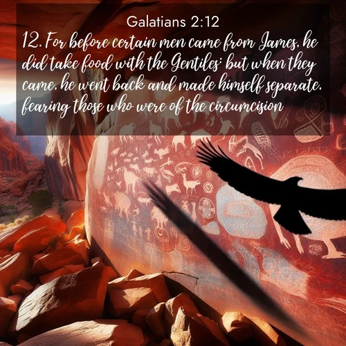 BasicEnglish Galatians  ; image nature: image with the bible verse :For before certain men came from James, he did take food with the Gentiles: but when they came, he went back and made himself separate, fearing those who were of the circumcision. ; Browse a gallery of Bible verses paired with summer scenes, such as golden wheat fields, bright skies, and sunny beaches. These images convey the joy and warmth of God&#039;s creation. Download and share verses like KJV Galatians 2:12. Current verse is overlayed with the thematic nature scene : Ancient petroglyphs weather on red canyon walls. A circling hawk&#039;s shadow passes over the timeless art. ; 2:12