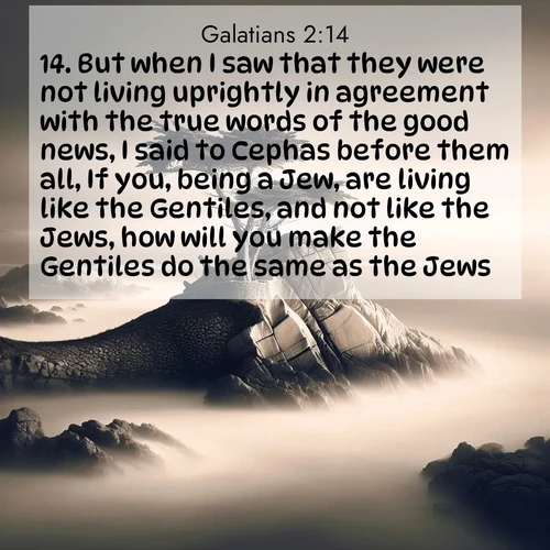 BasicEnglish Galatians  ; image nature: image with the bible verse :But when I saw that they were not living uprightly in agreement with the true words of the good news, I said to Cephas before them all, If you, being a Jew, are living like the Gentiles, and not like the Jews, how will you make the Gentiles do the same as the Jews? ; Explore a stunning collection of Bible verse images featuring picturesque scenery like sun-drenched meadows, tranquil lakes, and majestic forests. All images are free to download and share. Verses include KJV Galatians 2:14. Current verse is overlayed with the thematic nature scene : A lone cypress stands sentinel on a wave-carved point. Pacific storms have shaped its every branch. ; 2:14