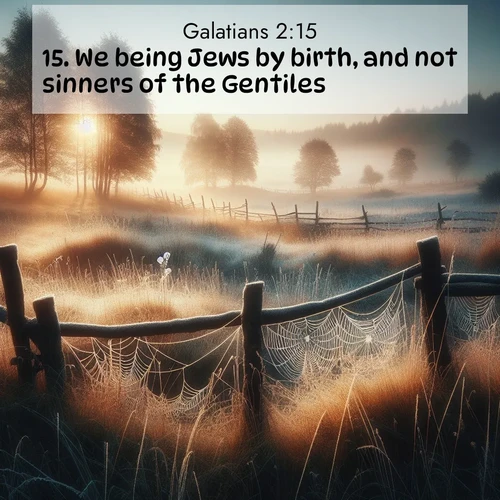BasicEnglish Galatians  ; image nature: image with the bible verse :We being Jews by birth, and not sinners of the Gentiles, ; Discover Bible verses beautifully integrated with natural scenes of varied seasons, featuring summer skies, winter snow, autumn leaves, and spring blooms. Each image captures the splendor and peace of God&#039;s creation. Share verses like KJV Galatians 2:15. Current verse is overlayed with the thematic nature scene : Morning frost coats spider webs stretched between fence posts in a country meadow. ; 2:15