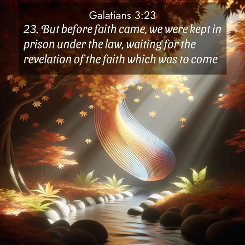 BasicEnglish Galatians  ; image nature: image with the bible verse :But before faith came, we were kept in prison under the law, waiting for the revelation of the faith which was to come. ; Browse high-resolution Bible verse images featuring stunning nature photography, such as radiant sunsets, tranquil rivers, and blooming fields. Perfect for wallpapers or sharing on social media. Download KJV Galatians 3:23. Current verse is overlayed with the thematic nature scene : Autumn leaves spiral through shafts of light. A hidden stream provides gentle music. ; 3:23