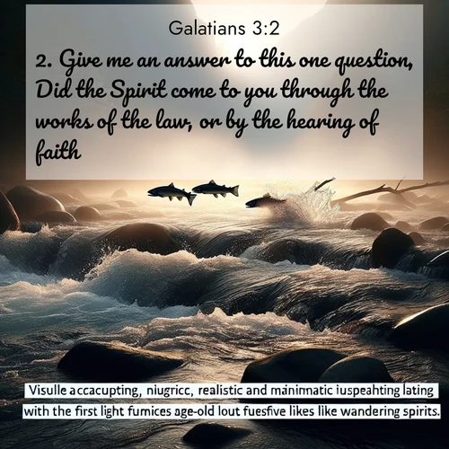 BasicEnglish Galatians  ; image nature: image with the bible verse :Give me an answer to this one question, Did the Spirit come to you through the works of the law, or by the hearing of faith? ; Discover inspiring Bible verse images featuring natural wonders like lush forests, sunny horizons, and cascading waterfalls. Perfect for wallpapers or spiritual encouragement. Download verses like KJV Galatians 3:2. Current verse is overlayed with the thematic nature scene : Wild salmon leap ancient rapids. Mist rises like spirits at dawn. ; 3:2