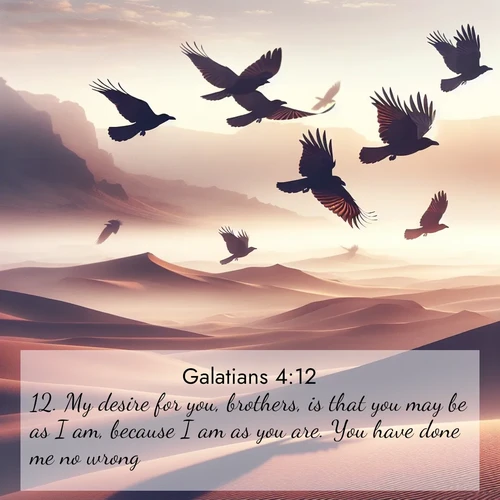 BasicEnglish Galatians  ; image nature: image with the bible verse :My desire for you, brothers, is that you may be as I am, because I am as you are. You have done me no wrong; ; Download Bible verse images paired with breathtaking nature photos like golden deserts, shimmering seas, and blossoming orchards. These high-quality, free images are perfect for wallpapers or sharing. Verses include KJV Galatians 4:12. Current verse is overlayed with the thematic nature scene : Desert ravens soar on thermal currents. Their wings wear shadows like cloaks. ; 4:12