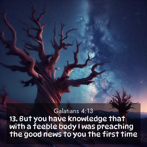 BasicEnglish Galatians  ; image nature: image with the bible verse :But you have knowledge that with a feeble body I was preaching the good news to you the first time; ; Discover a unique collection of Bible verses adorned with winter landscapes, such as snow-covered forests, gently falling snowflakes, and pristine mountains. These images evoke the peace and purity of God&#039;s creation. Share verses like KJV Galatians 4:13. Current verse is overlayed with the thematic nature scene : Ancient bristlecone pines twist toward stars. Time stands still in their presence. ; 4:13