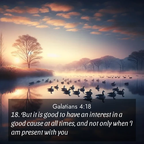 BasicEnglish Galatians  ; image nature: image with the bible verse :But it is good to have an interest in a good cause at all times, and not only when I am present with you. ; Explore an inspiring selection of Bible verse images adorned with nature photos, such as starry skies, verdant hills, and golden beaches. Each image reflects the peace and beauty of God&#039;s creation with vibrant colors and varied fonts. Share uplifting verses like KJV Galatians 4:18. Current verse is overlayed with the thematic nature scene : Wild geese rest on still waters. Dawn mist rises like dreams. ; 4:18