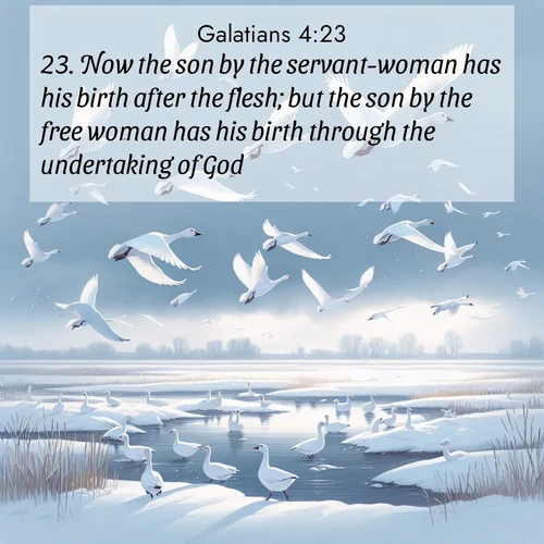 BasicEnglish Galatians  ; image nature: image with the bible verse :Now the son by the servant-woman has his birth after the flesh; but the son by the free woman has his birth through the undertaking of God. ; Explore free Bible verse images with stunning nature themes, including sunlit paths, forest clearings, and endless horizons. Perfect for desktop backgrounds or phone wallpapers. Verses include KJV Galatians 4:23. Current verse is overlayed with the thematic nature scene : Snow geese take flight from a winter marsh. Their wings flash white against leaden skies. ; 4:23
