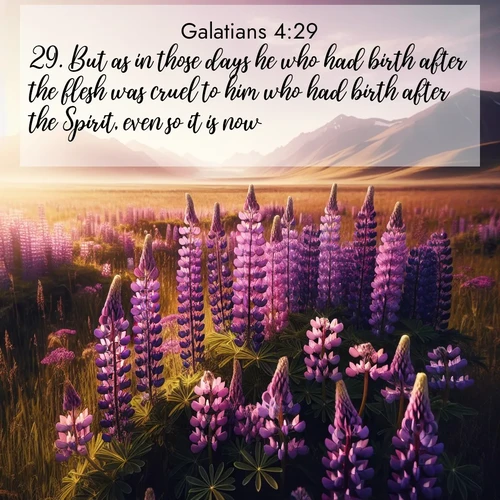 BasicEnglish Galatians  ; image nature: image with the bible verse :But as in those days he who had birth after the flesh was cruel to him who had birth after the Spirit, even so it is now. ; Discover tranquil Bible verse images enhanced with natural scenery like rippling brooks, snow-covered fields, and sunlit beaches. These free images are perfect for wallpapers or spiritual reflection. Share KJV Galatians 4:29. Current verse is overlayed with the thematic nature scene : Wild lupines paint purple meadows. Snow lingers on distant peaks. ; 4:29