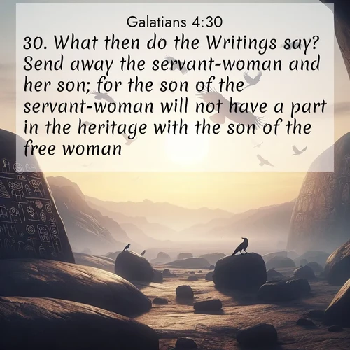 BasicEnglish Galatians  ; image nature: image with the bible verse :What then do the Writings say? Send away the servant-woman and her son; for the son of the servant-woman will not have a part in the heritage with the son of the free woman. ; Browse our collection of Bible verses paired with captivating photos of God’s creation, like crystal-clear lakes, majestic cliffs, and colorful skies. All images are free for download and sharing. Verse examples include KJV Galatians 4:30. Current verse is overlayed with the thematic nature scene : Desert petroglyphs tell ancient stories. Ravens soar past wearing shadows for wings. ; 4:30