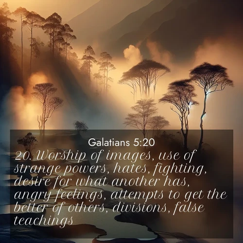BasicEnglish Galatians  ; image nature: image with the bible verse :Worship of images, use of strange powers, hates, fighting, desire for what another has, angry feelings, attempts to get the better of others, divisions, false teachings, ; Discover Bible images illustrated by desert landscapes, like sand dunes, majestic rocks, and starry skies. These images symbolize the grandeur and immensity of God&#039;s creation. Download verses like KJV Galatians 5:20. Current verse is overlayed with the thematic nature scene : Morning mist rises from thermal pools. Steam dragons dance in golden light. ; 5:20