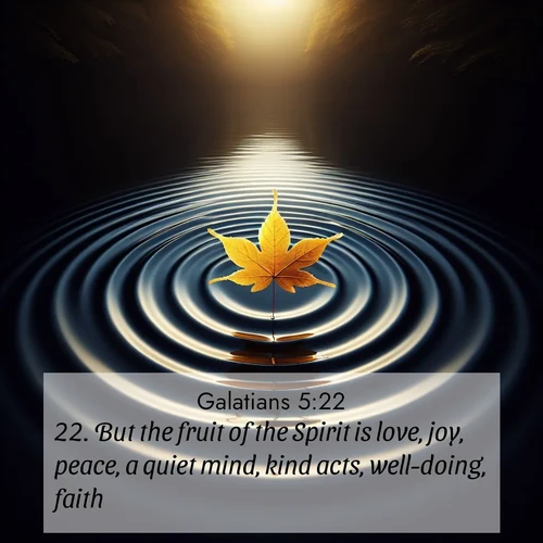 BasicEnglish Galatians  ; image nature: image with the bible verse :But the fruit of the Spirit is love, joy, peace, a quiet mind, kind acts, well-doing, faith, ; Browse beautiful Bible verse images accompanied by peaceful scenes like calm seas, ancient forests, and radiant horizons. Download high-quality, free images featuring verses such as KJV Galatians 5:22. Current verse is overlayed with the thematic nature scene : A single maple leaf floats on black water. Concentric ripples spread outward into infinity. ; 5:22