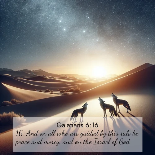 BasicEnglish Galatians  ; image nature: image with the bible verse :And on all who are guided by this rule be peace and mercy, and on the Israel of God. ; Explore a gallery of beautiful Bible verse images with tranquil natural settings—perfect for phone backgrounds or inspirational posts. Download your favorite verses like KJV Galatians 6:16 today. Current verse is overlayed with the thematic nature scene : Desert coyotes sing to stars. Their voices echo through time. ; 6:16