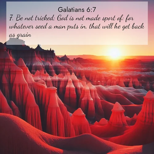 BBE Galatians 6:7 overlaying nature image scene: Wind-carved hoodoos stand like sentinels in the painted desert. Their red-rock spires catch the last rays of sunset.;7. Be not tricked; God is not made sport of: for whatever seed a man puts in, that will he get back as grain.