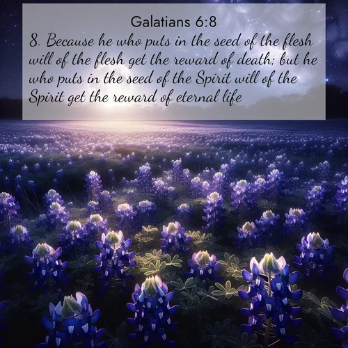 BasicEnglish Galatians  ; image nature: image with the bible verse :Because he who puts in the seed of the flesh will of the flesh get the reward of death; but he who puts in the seed of the Spirit will of the Spirit get the reward of eternal life. ; Discover Bible images illustrated by desert landscapes, like sand dunes, majestic rocks, and starry skies. These images symbolize the grandeur and immensity of God&#039;s creation. Download verses like KJV Galatians 6:8. Current verse is overlayed with the thematic nature scene : Moonlight illuminates a field of bluebonnets. A warm breeze carries their sweet fragrance across the prairie. ; 6:8