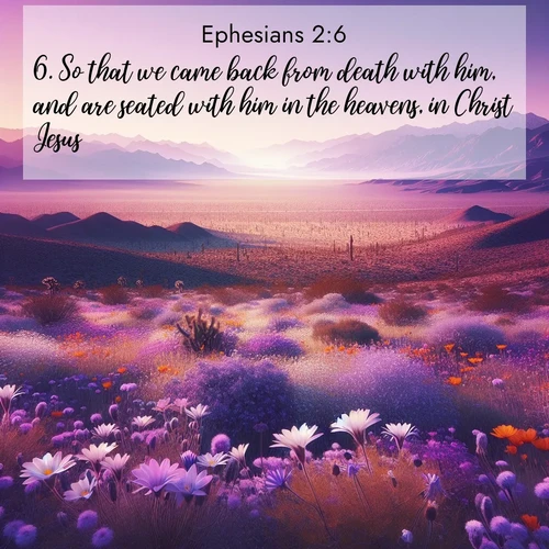 BasicEnglish Ephesians  ; image nature: image with the bible verse :So that we came back from death with him, and are seated with him in the heavens, in Christ Jesus; ; Explore an inspiring selection of Bible verse images adorned with nature photos, such as starry skies, verdant hills, and golden beaches. Each image reflects the peace and beauty of God&#039;s creation with vibrant colors and varied fonts. Share uplifting verses like KJV Ephesians 2:6. Current verse is overlayed with the thematic nature scene : Desert wildflowers carpet Death Valley after winter rains. Mountains fade to purple on the horizon. ; 2:6
